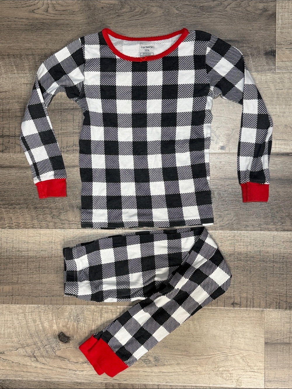 Kids Black & White Buffalo Plaid Pajama Set with Red Trim Christmas PJs Unisex